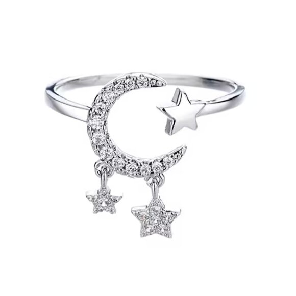 Silver Star and Moon Adjustable Ring - Picture 1 of 5
